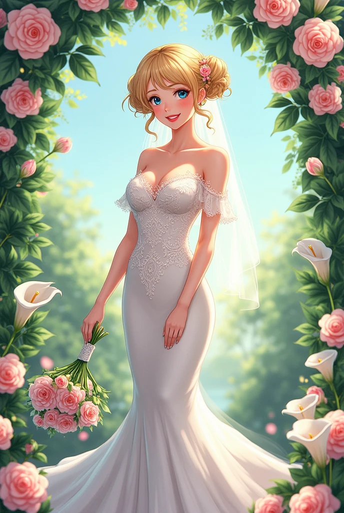 bust art of a cute girl, 1girl, b-cup breasts, shoulder length hair, (honey blonde hair), straight hair, (dark blue eyes), wedding dress, flower crown, wedding veil,, wedding scenery, cute face, beautiful smile, full lips, pink lipstick, glossy lips, cowboy shot, detailed lips, romantic date, masterpiece, best quality