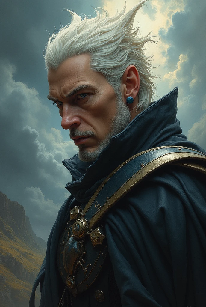 An ultra-realistic art with a completely cinematic style, cheio de luzes e sombras, smoke and backlight of a handsome and expressive young man with white hair, Like a medieval bard in the middle of a galaxy in the universe, Create an artistic image, abusando das sombras e luzes bem alocadas;, cores impacto expressividade 8k como uma imagem para banner de um game