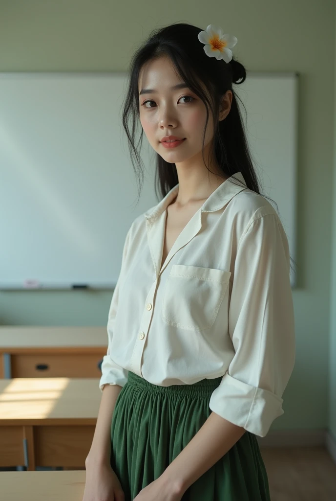 Image of a person wearing a gray buttonless, plain blouse