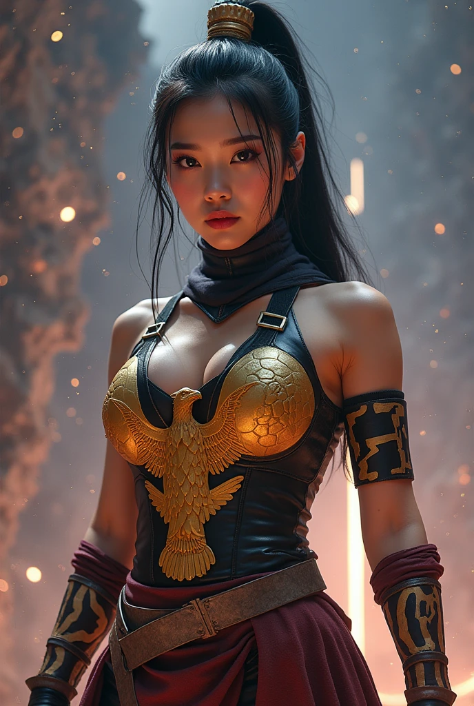 hands crossed against the wall, masterpiece, best quality, super high resolution, cloth texture, (realism: 2), very detailed, beautiful, small details, super detailed, best quality, digital illustration, detailed, complex, 4k, good anatomy, intricate details, masterpiece, (illustration: 1.1), high resolution, masterpiece, detailed shadows, amazing detail, (boy:girl:0.8), League of Legends, yasuo_ (league_of_legends), 1girl, solo, Brunette hair, ponytail, flowing hair, spiky hair, delicate eyes, navel