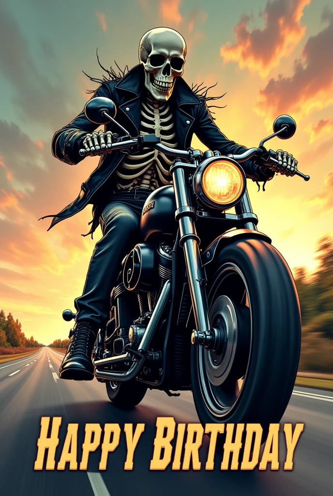 OLDSCHOOL drawing of a biker skull, helmet with 1 spike MOTORCYCLE CLUB JEANS VEST, and YOUR CUSTOM MOTORCYCLE black, highlighting the surrounding landscape, a road and the full moon on the horizon