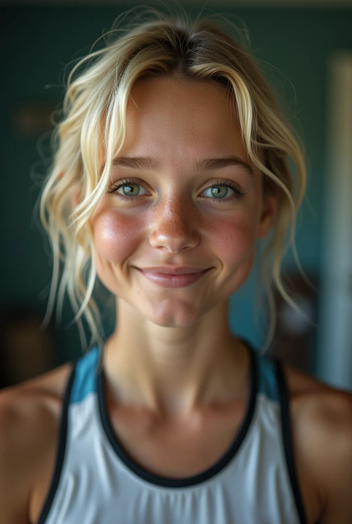 ((masterpiece:1.2, best quality)), 1aldy, solo, (gym clothes), platinum blonde, long hair, (top view, front focus, looking straight ahead), (forehead), jumping, Above the waist, ponytail, big tits, nami:1.1
