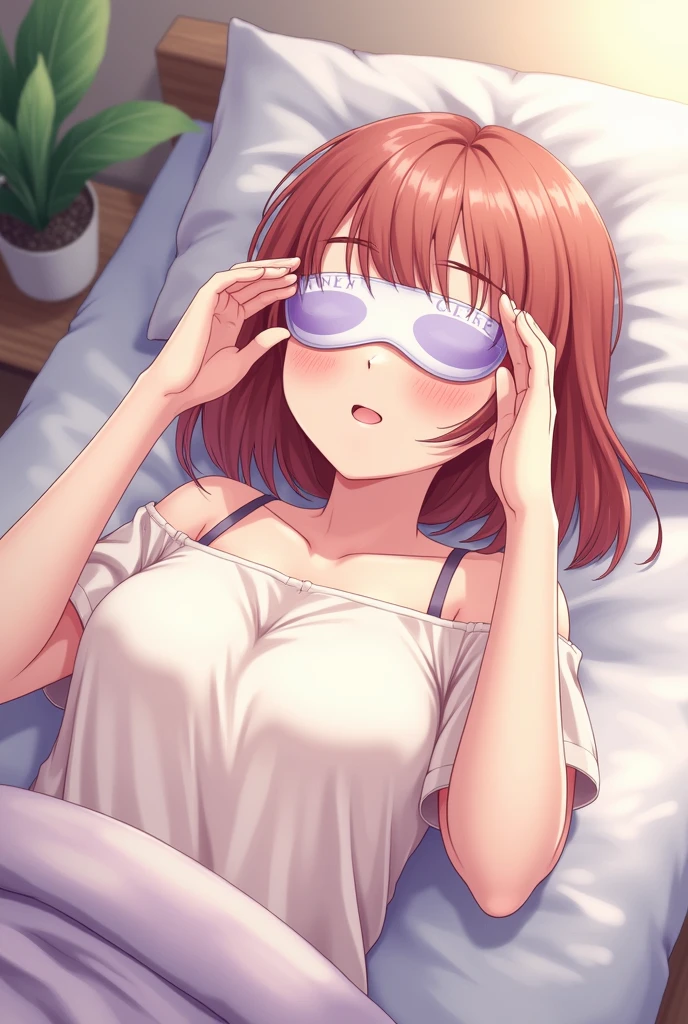 (Highest quality、Masterpiece、Very detailed、4K)、One Woman、17 years old、Brown Hair、short hair、(((Nakano Miku)))、headphone、chest、arm、((((Beautiful armpits))))、(Sleeping in bed)、((((White wrestler tank top))))、((Panties))