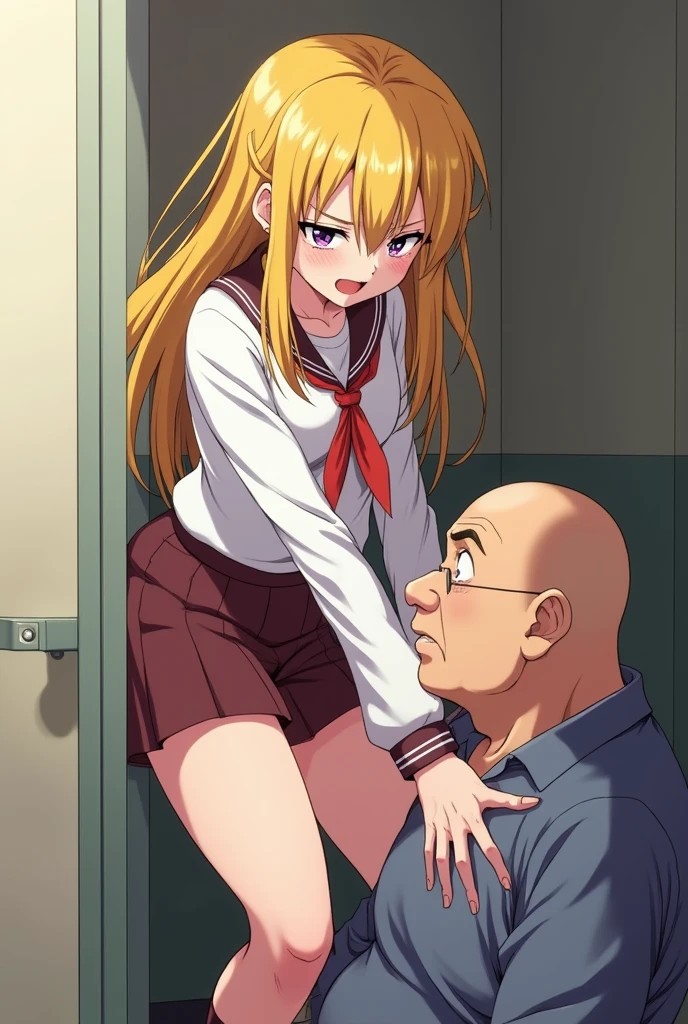 (nsfw:1.2),((One girl, 1 Elderly)), (Skirt flip:1.4), ((Old man grabs woman's waist)), The old man laughs evilly, Huge breasts:1.7, Anime cel painting style, Highest quality, High resolution, Huge breasts:1.8, good, High leg panties,blue eyes, Purple Hair, bangs, Side Ponytail, hair ornaments, Embarrassing, fear, blush, View Viewer, whole body、(((Completely naked:1.8)))、He is moving his hands violently to his crotch