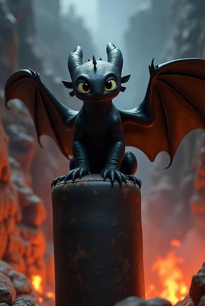 I want the toothless dragon the dragon of how to train your dragon on top of a punching bag with a bottom of hell