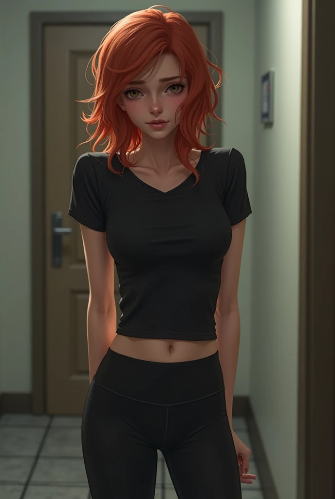 peeing self, 1girl, have to pee, slender body, red hair, brown eyes, leggings, tight black shirt