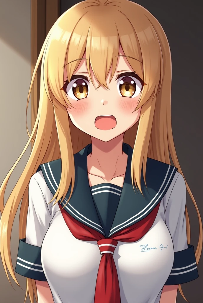 1girl, anime, upper body, <lora:toro_ahe_slider_sd15:0.75>, after sex, fucked silly,, young woman, yellow messy hair and long hair,
