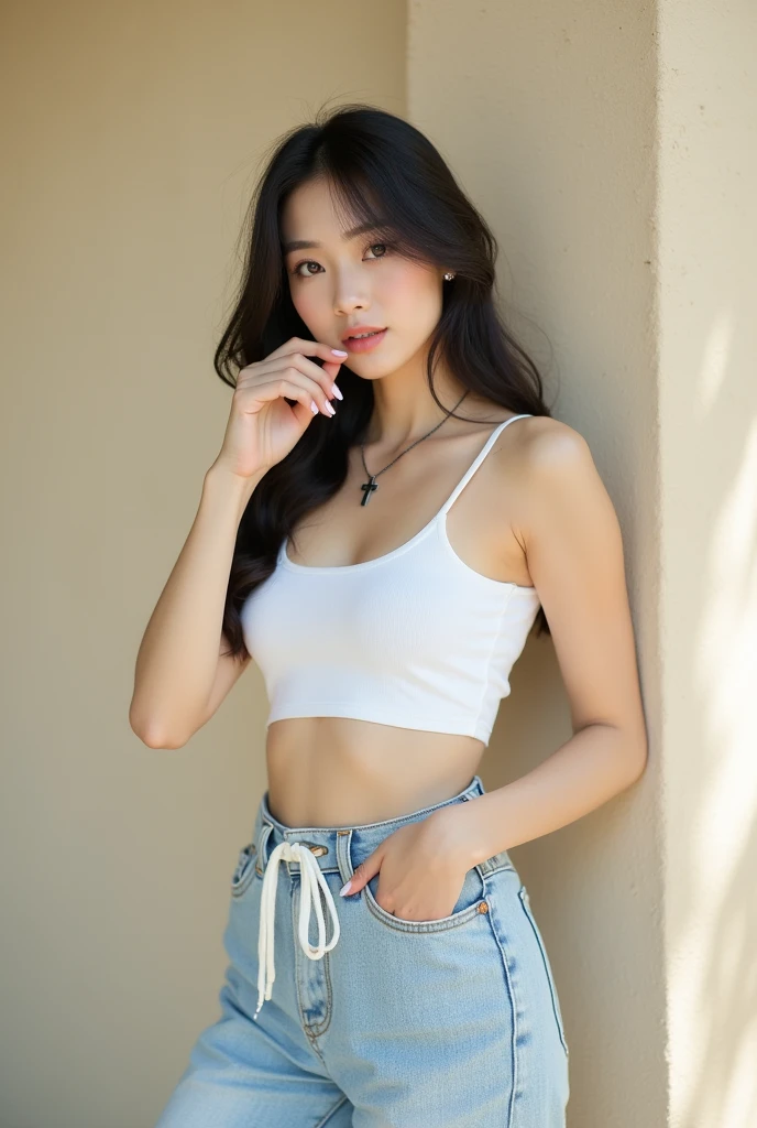 RAW Photos, 8K, (Highest quality), Realistic, (live-action, Intricate details), (Natural skin texture, Detailed skin, Hyperrealism, Sharpness), (Japanese female college student, Place your hands behind your head, Exposed armpits, Show your armpits), ((White tight tank top, Low rise jeans)), (((Small box:1.4))), Fair skin, Sweaty skin, ((Wavy long hair, One-length hairstyles)), Hotel Rooms, Soft Lighting:1.3, Sunset Light, Full Body Shot