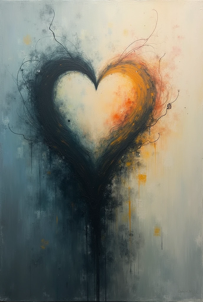 Abstract art with real heart base in dark neutral colors