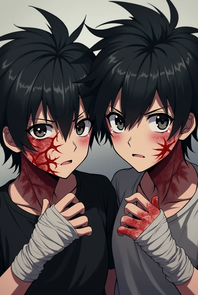 Ecchi anime style, 1 chico, man, black hair, disheveled hair, blue eyes, Dull eyes, Dead eyes, carefree look, pose sexy, defined body, white sweatshirt, blood stains, shadows,