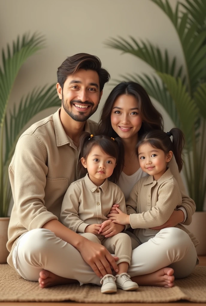 Couple with a girl, man in black suit and white shirt, Woman in waitress outfit and 3 year old girl with braids and pink dress