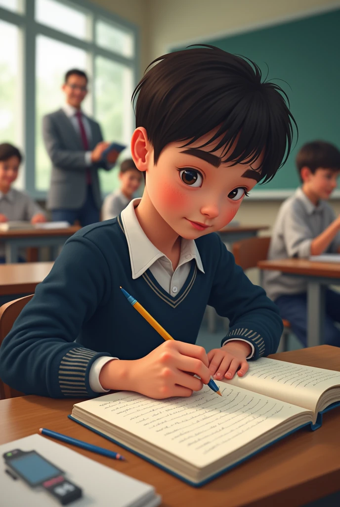 A highly realistic image of the same young boy, around with short black hair, sitting alone at a small desk in a brightly lit classroom. The boy is wearing his usual striped shirt and dark pants, with a focused and determined expression on his face. In front of him are several open notebooks filled with neat handwriting and completed assignments. A pencil is firmly held in his hand as he writes, his posture upright and attentive. The classroom is empty, with rows of neatly arranged desks and a large chalkboard in the background filled with notes and math problems. Sunlight streams in through the window, casting a warm glow on the boy’s concentrated face. The scene captures a moment of quiet achievement and self-reliance, as the young boy demonstrates his ability to succeed academically through his own hard work and determination.