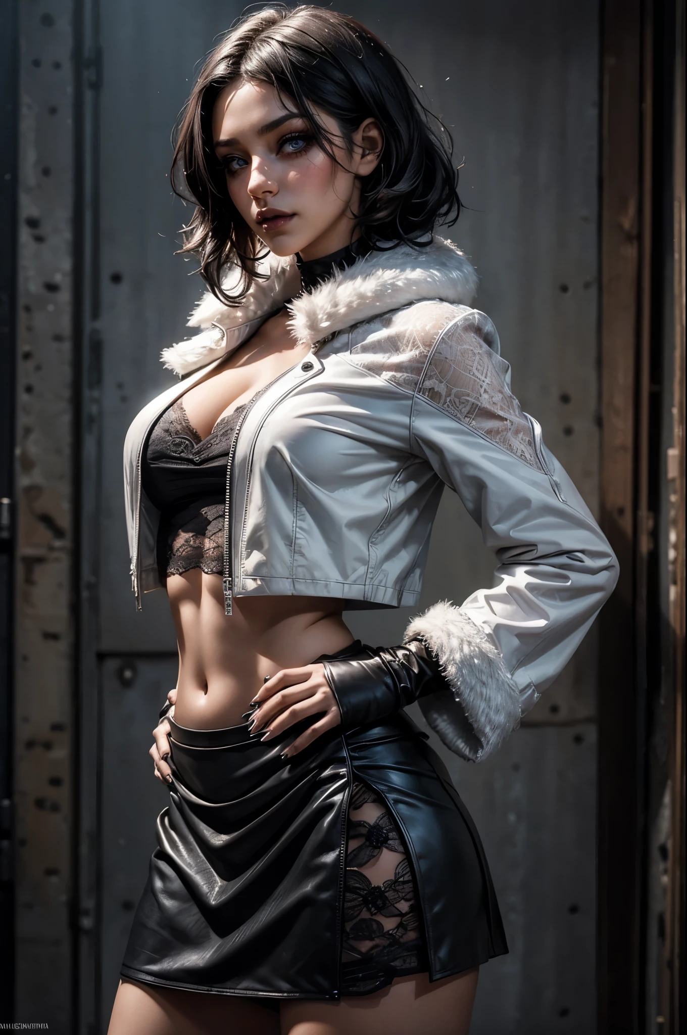 lora_Emma, a girl with short black curly hair, wearing a long multi-layer raffled asymmetric low-leg flared leather skirt, ((white lace top)), wearing open black long leather trench coat with fur cuffs and fur collar, long fingerless leather gloves, detailed facial features, bare belly, navel piercing, cleavage, black nail polish, beautiful eyes, cute expression, glamorous makeup, dramatic lighting, photorealistic, highly detailed, 1girl, beautiful detailed eyes, beautiful detailed lips, extremely detailed eyes and face, long eyelashes, high fashion, edgy, dark and moody, intense, cinematic, chiaroscuro lighting, cinematic composition, stunning, mesmerizing, sunlight, dynamic pose, cinematic lighting, photorealistic, 8k, high quality, digital painting, concept art, cowboy shot, standing inside empty home