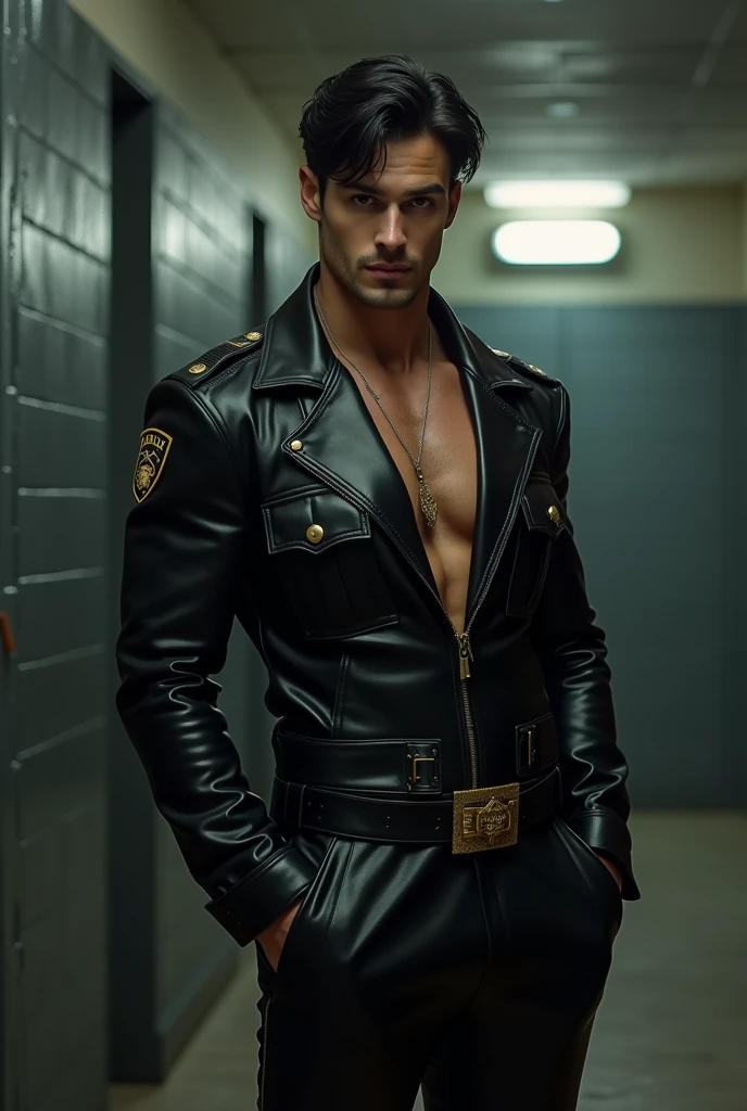 The uniformed Arad man sits in a chair，Wear a pair of boots,  Black gloves!! and boots, High boots, Outfit: puff, officer, (sfv) safe to work, police officers, 👰 🏇 ❌ 🍃, Wearing a police uniform, wearing boots, Police uniform, tom of finland style, he has boots