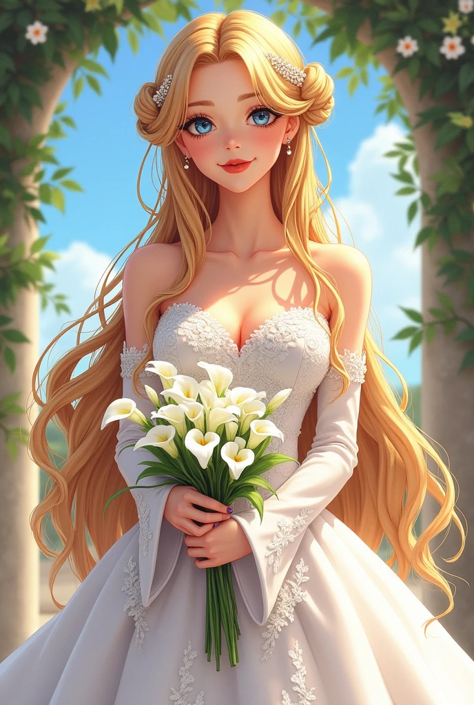 I would like to get an image of Princess Venus in anime style: an incredibly beautiful young blonde femme fatale with long golden hair gathered in a beautiful hairstyle, blue eyes, a tiara, jewelry, a long veil, in a luxurious princess wedding dress, she has a beautiful bouquet of hydrangeas. A beautiful drawing, a masterpiece.