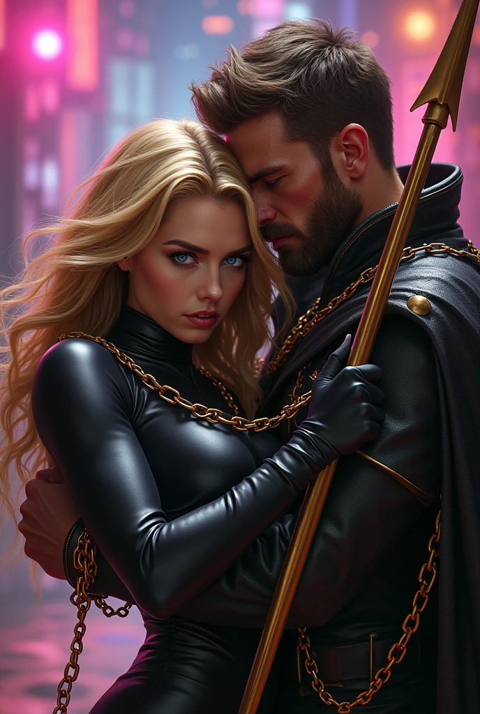 A long-haired blonde woman pinning a brown-haired man to the ground by threatening him with a golden spear to his neck, both young, the man with a little beard. The woman has light blue eyes and the man has brown eyes.. The man has a black cape with gold details, He looks thirty years old, He holds some chains that go around the blonde woman&#39;s arm, wanting to tie her up., that are orange, The background is a disco. The two are fighting. The woman is wearing a full black leather suit and a self-centered smile on her face as the edge of her spear points at the man on the ground who looks surprised.