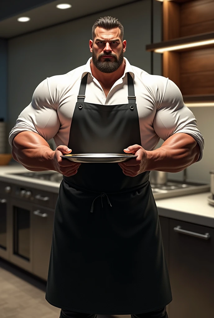 裸エプロンで朝食を作るMuscularな男、Highest quality、Pectoralis major、Abdominal muscles、eye、Body hair、sweating、short hair、Putting on a collar、Brown Skin、Muscular、kitchen、looks fun