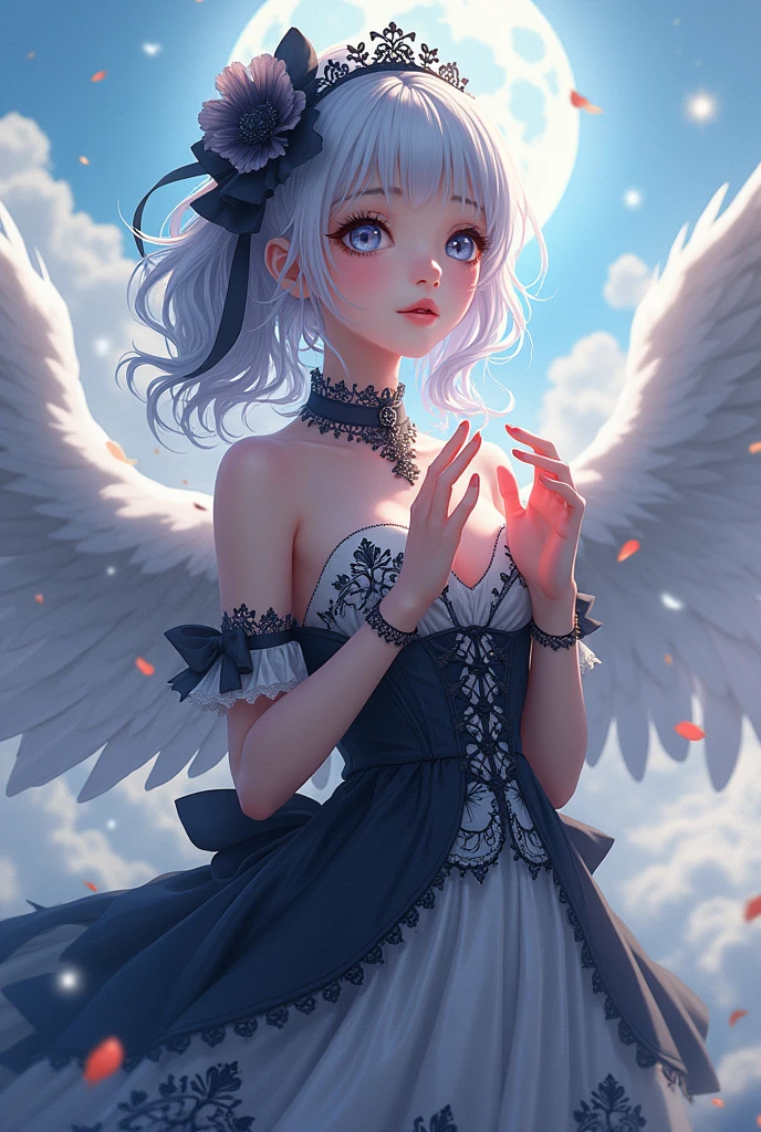emo_hairstyle, black lipstick, smocky eyes, collar, eyeliner, eye shadow, realistic lighting, short hair, seductive look, Shiny skin, white dress, angel, transparent wings, Short skirt, thighhighs. Flying, silk dress, medium breast.