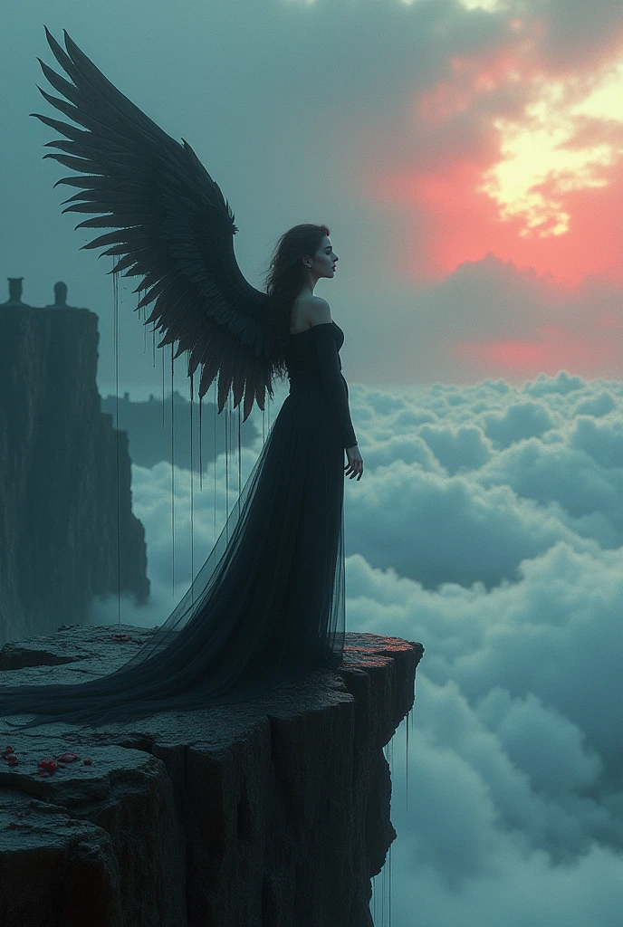 black and white and blue and red,(Best Quality, ultra detailed, High resolution, Extremely detailed CG),plano general,The dead angels lie on the edge of the cliff.,She is very beautiful,she likes blood and the sea,bloody rain, mystic,fanatic, Intricate, surreal,delicate