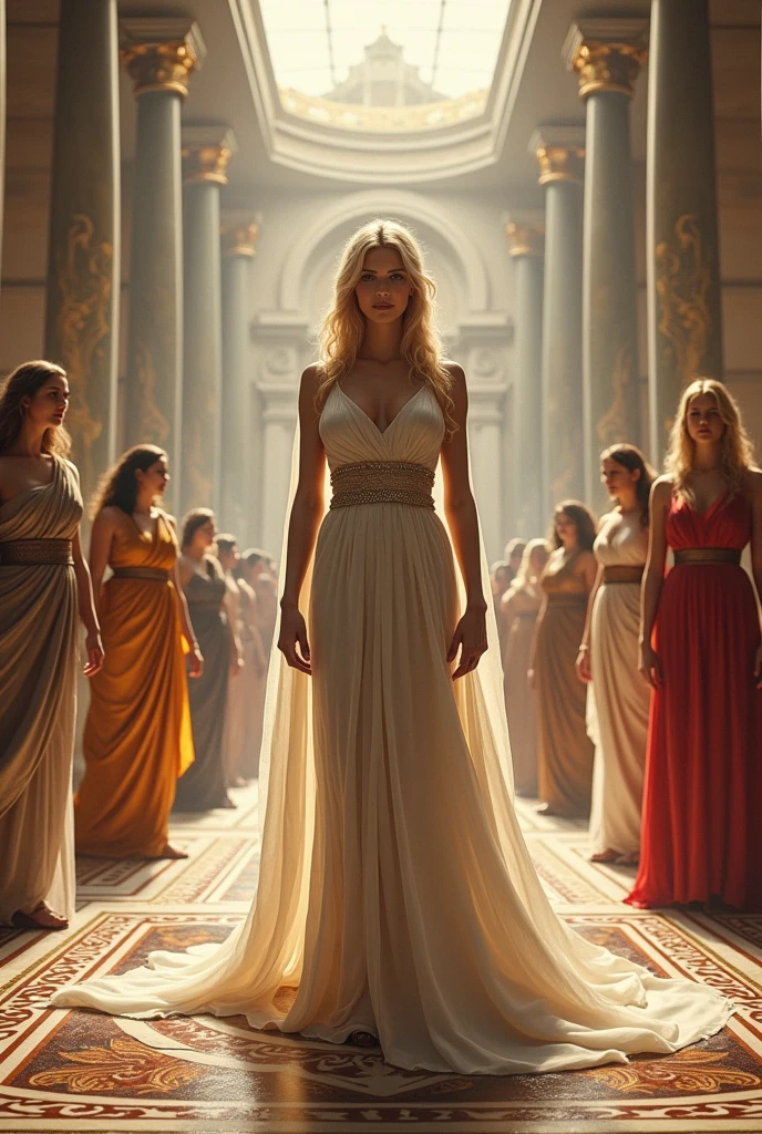 a woman in a white dress standing in front of a group of naked women, greek goddess, margot robbie as a greek goddess, goddess of greek mythology, aphrodite goddess of love, beautiful goddess, venus goddess athena, young goddess, greek goddess athena, gal gadot as hell lord, goddess queen, cinematic goddess body shot, roman goddess