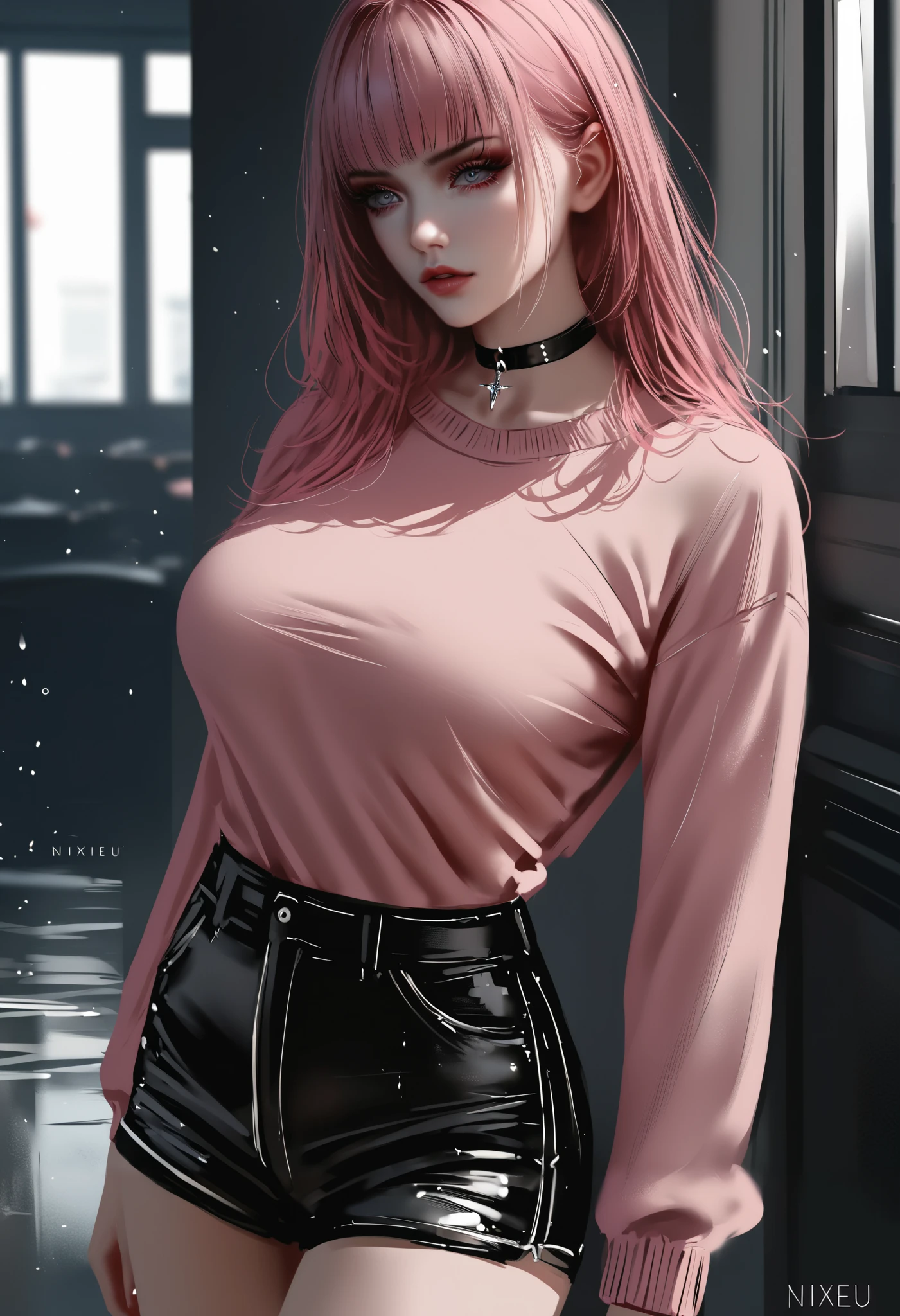 best quality, amazing quality, great quality, absurdres, 1girl, pink hair, blunt bangs, long hair, large breasts, nixeu, pink sweater, shorts, choker, serious, realistic,