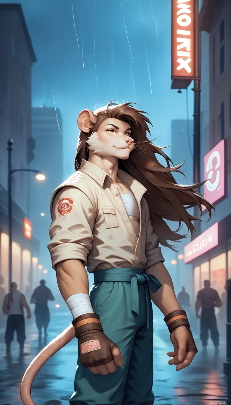 Alone,long hair,golden eyes, hairstyle, monk,skinny,teenager,young,dirty clothes,survival outfit,bandages, fur-trimm,rat furry,master Splinter, dark city,midnight,rain fall, melancholic tone,city lights in the background 