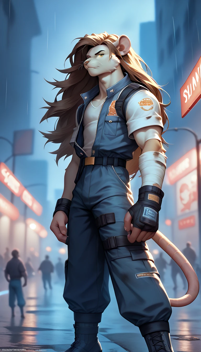 Alone,long hair,golden eyes, hairstyle, monk,skinny,teenager,young,dirty clothes,survival outfit,bandages, fur-trimm,rat furry,master Splinter, dark city,midnight,rain fall, melancholic tone,city lights in the background 