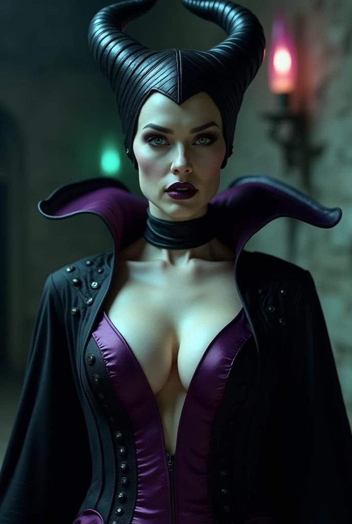 A stunning closeup portrait of Maleficent, she is unbuttoning her cloak, exposing her breasts and skin , down to her pubic area, she is fertile and wants to breed, location is dungeon interior, purple and green light, breasts, powerful, pale eyes