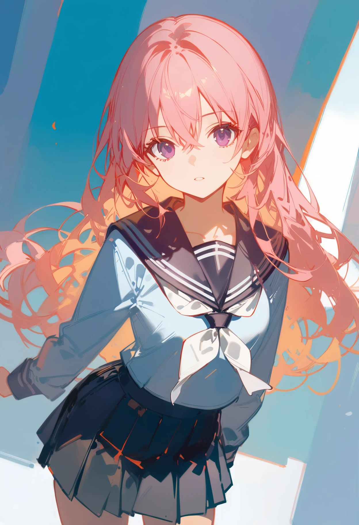 best quality, amazing quality, great quality, absurdres, ciloranko, 1girl, solo, pink hair, purple eyes, hair between eyes, long hair, black sailor collar, black skirt, school uniform, serafuku, white neckerchief, standing, looking at viewer,