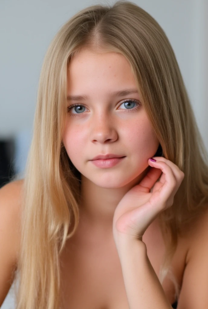 Fille européenne 12 años de edad, white swimsuite, visage parfait, corps parfait, blue eyes, beautiful long straight gold blond hair 