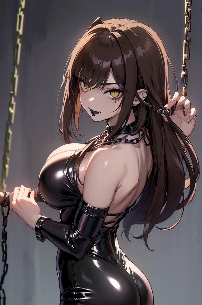 NSFW, 1Woman, ((best quality)), ((masterpiece)), (detailed), beautiful face, (defiance512:1.2), solo, (((dark-brown hair))), (((sexy black latex outfit))), (((ahego face))), (((long hair))), (((bangs hairstyle))), ((big eyes)), (((dark-green eyes))), bangs, (((naked boobs))), (((large ass))), nose piercing, eyebrow piercing, ear piercings, (((fang teeth))), (((black lipstick))), basic necklace, (((dominant expression))), (((extremely dominant pose))), (((bdsm dungeon background))), (((chains))), (((bondage equipment), (((whip))), (evil:1.2), looking at viewer, (interview:1.3), intense seductive gaze, contrasting soft skin, (lighting:1.2), ((best quality)), ((masterpiece)), (detailed), perfect face