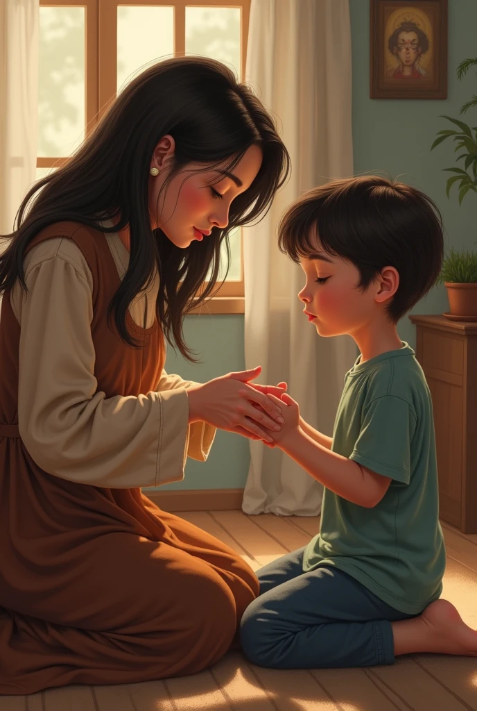 a scenario where Our Lady, with a radiant smile and a heart full of compassion, is helping a group of people in need. Describe how She approaches each one, offering comfort, support and consolation. Show how Your presence lights up the room and deeply touches those around You. Portray the genuine joy on Her face as She shares words of encouragement and performs small acts of kindness. How Our Lady's presence inspires and transforms the lives of those she helps? Explore the impact of His assistance and the feeling of gratitude that spreads among people.