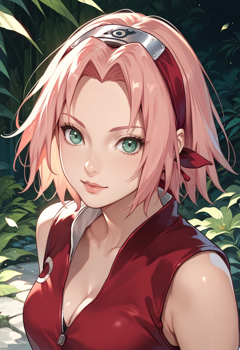 1girl, haruno sakura, pink hair, short, hair, green eyes, forehead protector, cleavage