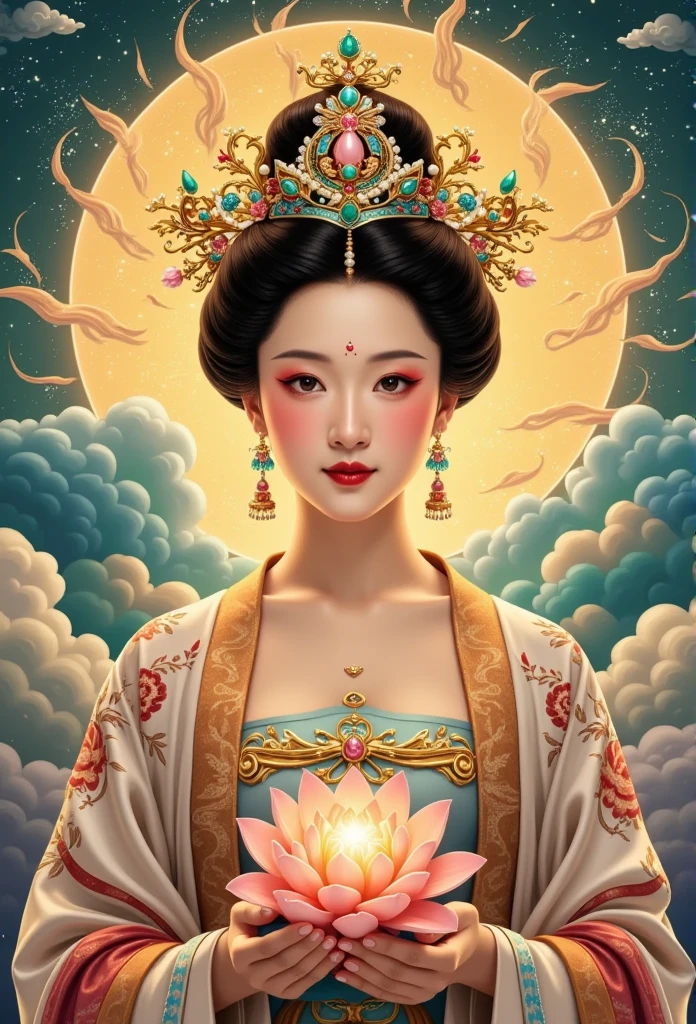  thangka illustration 。 Colorful flying sky   ， red silk flowing ，   a beautiful goddess with golden clouds {x}  and sky background ,  Portrait of a very beautiful girl  ， Tara Buddha statue   ，  red eyeshadow，  red face  ， red lips，，forward，  skin details  ，Fine Hair。crown(Dotted emerald   +Cloisonne+   gold and silver enamel  +flower+pearl+tassel)，  upper body , Handheld lotus flower .   Fair Skin  ,   Surrounded by clouds ，   has a golden halo on her face   .(((，satin，  Red silk streamer )))
golden fantasy 。 Glowing particles 。  ray tracing  。Double Exposure。 A little white rabbit 。