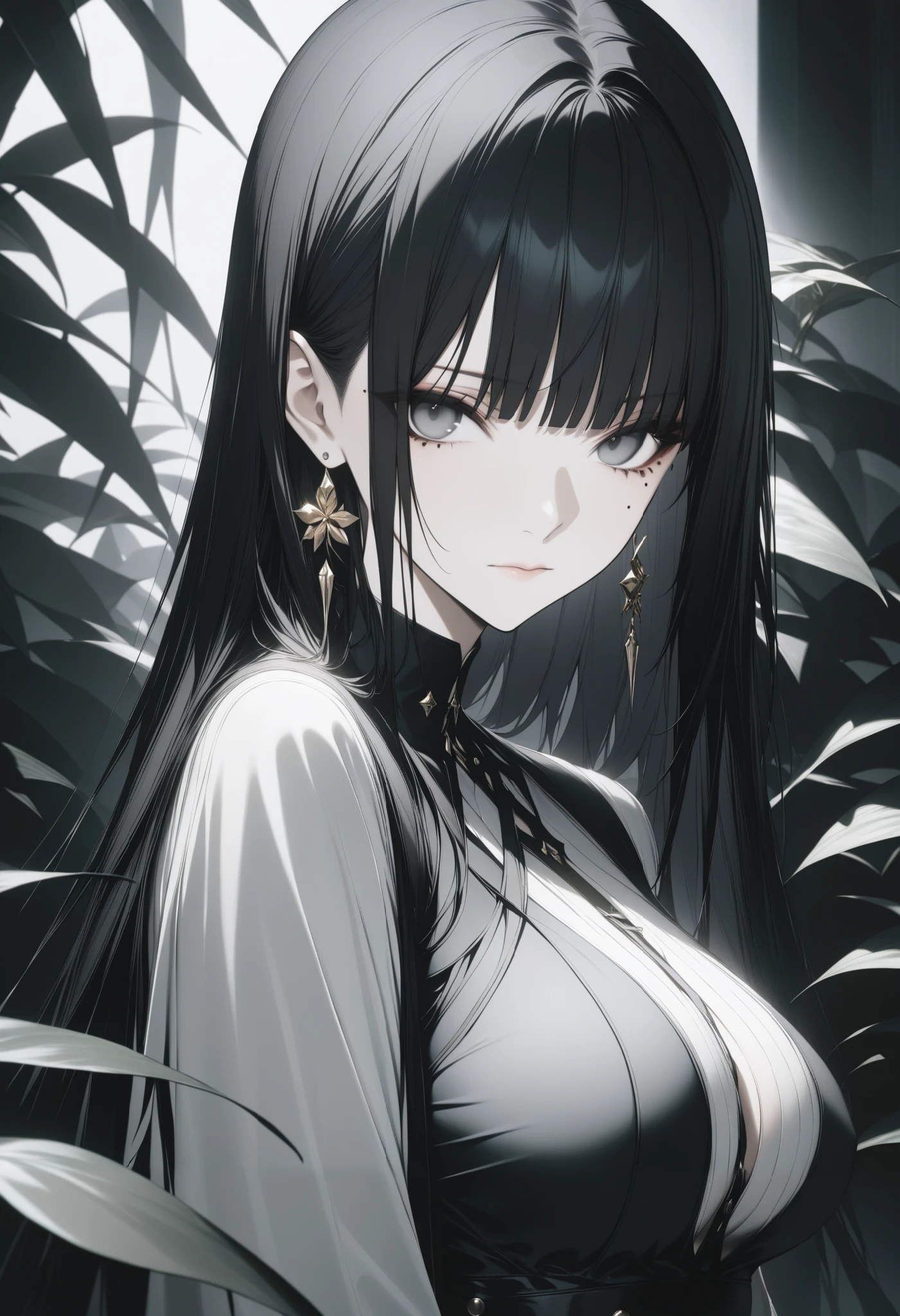 best quality, amazing quality, great quality, absurdres, 1girl, wanke, solo, black hair, looking at viewer, mole under eye, earrings, bangs, mole, blunt bangs, long hair, plant, closed mouth, upper body, large breasts, grey eyes,