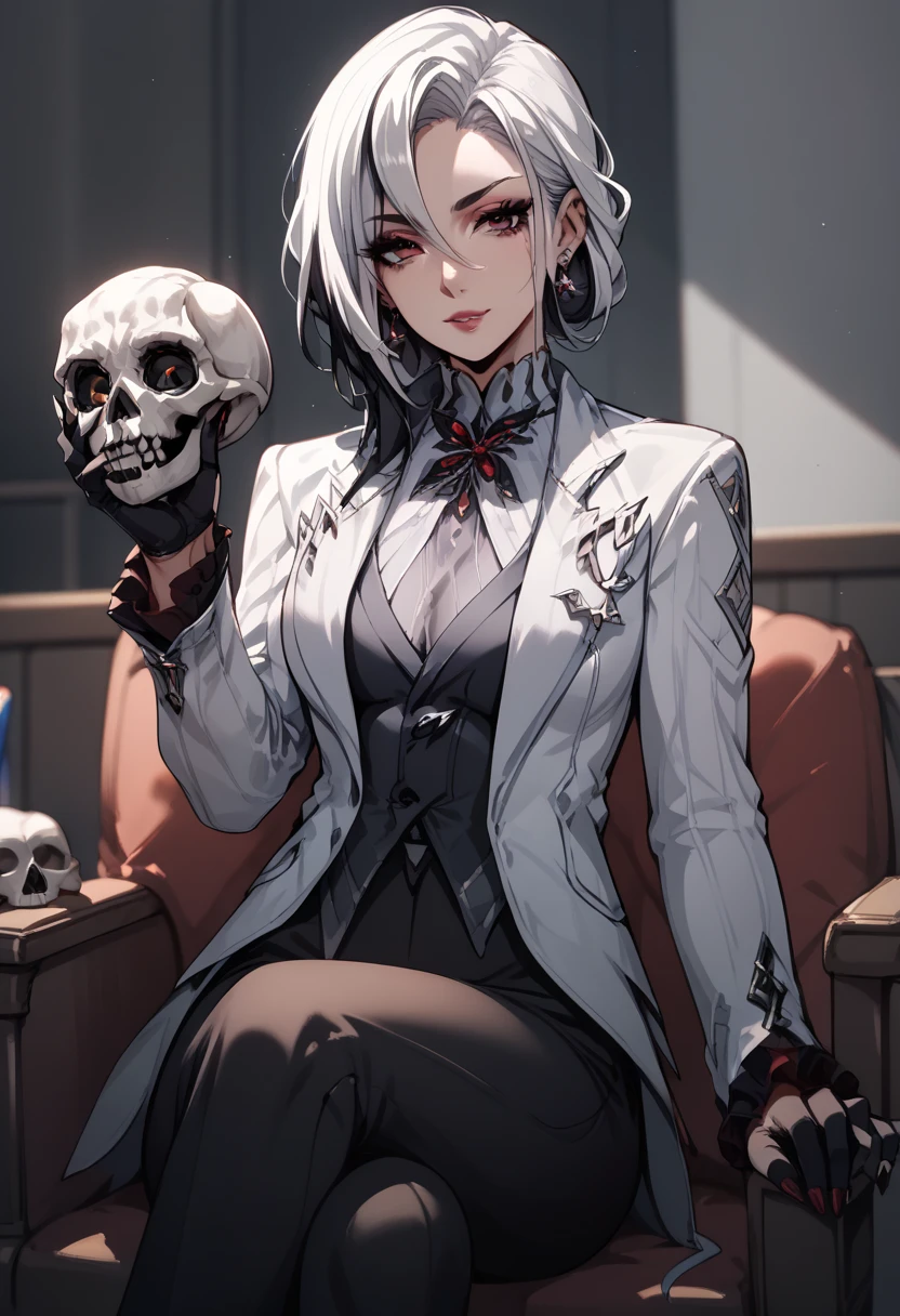 Sitting, office lady, holding skull