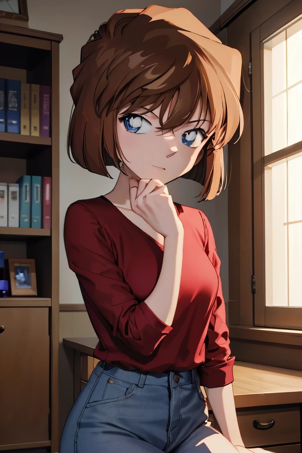 (8k, raw photo, masterpiece, extremely detailed, best quality, professional lighting, high res), BREAK beautiful and adorable girl, haibara ai, brown hair, bob cut, lab coat, casual clothes, red shirt, skirt, sharp eyes, short tall, small breast