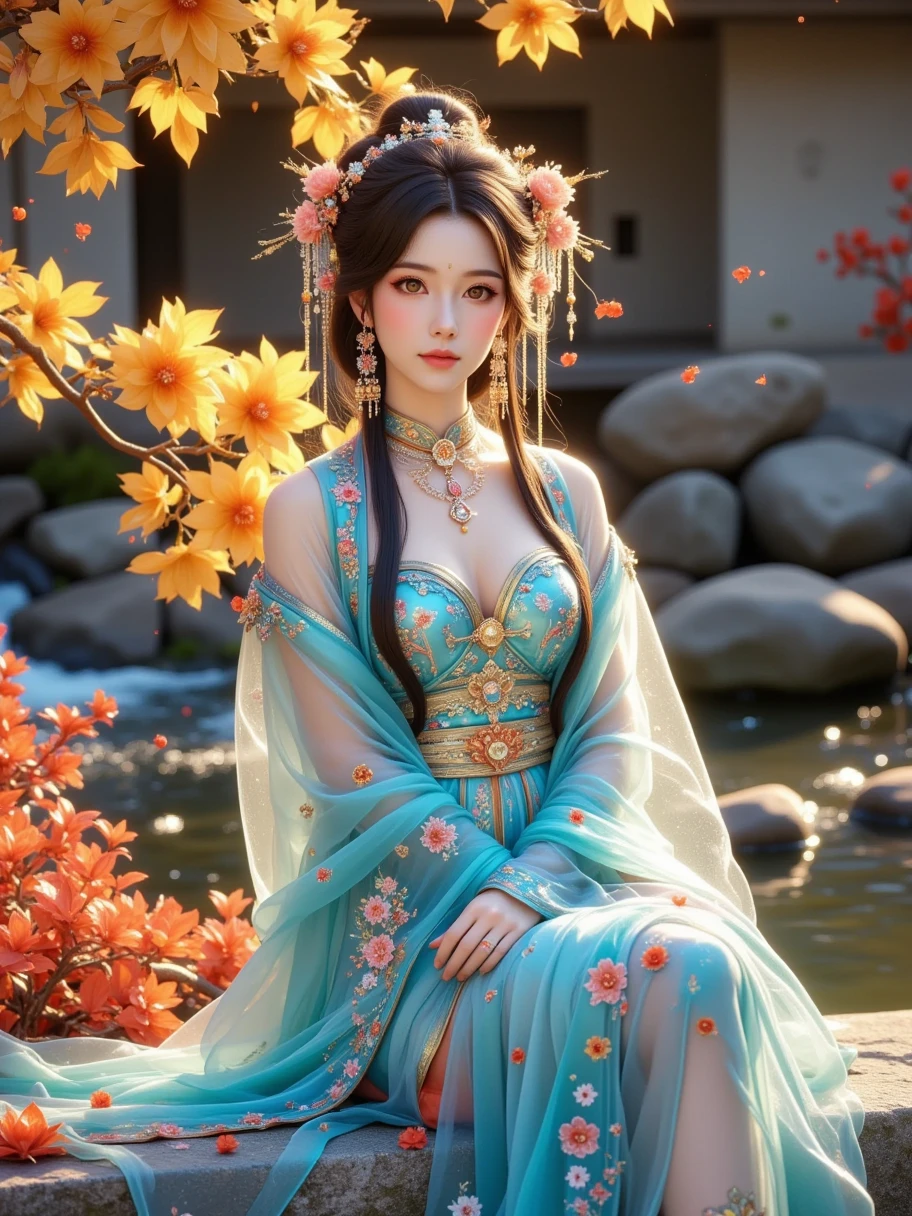 Portrait，Jingwei， The bird in ancient Chinese mythology ， is transformed into an ancient beauty ，Delicate facial features， with a smile，The head has a pattern ，White mouth，Red feet，, she wears a blue Hanfu in the color of the water system，Sleeves fluttering，, dark gray and amber ，Realistic photography style， fantasy art aesthetics ， movie lights， Chinese bizarre aesthetics ，Romantic scenery，Thin lines ， Unreal Engine rendering ， ethereal rendering ， Wonderland Background ， natural light，8k， Delicate Details ， beautiful lighting effects ， fantasy engine 