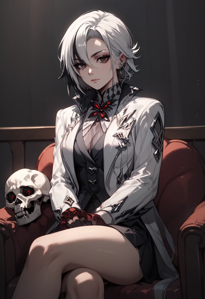 Sitting ,holding skull, button shirt