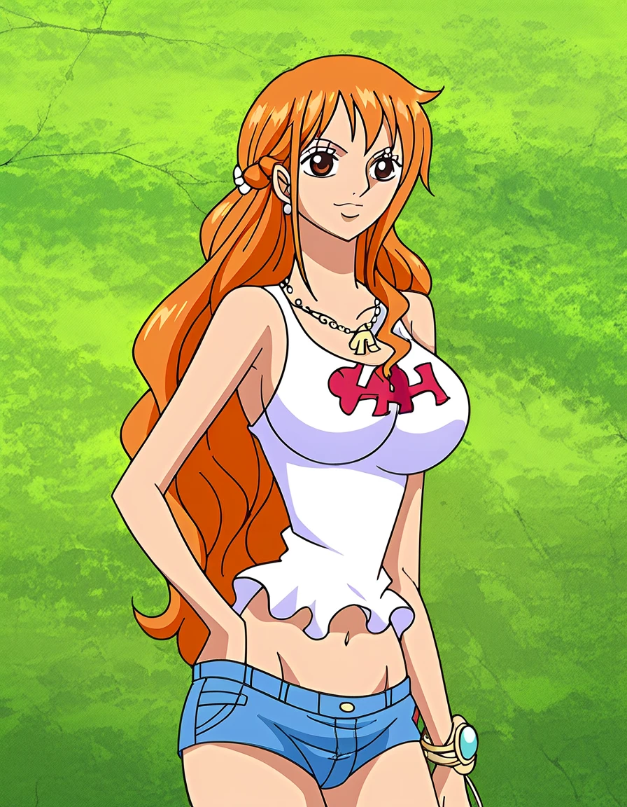 Nami from one piece,very light orange and yellowish haired girl,beautiful brown eyes, blushing cheeks,in a clouds in the sky smiling at the viewer,large breasts,blushing on the cheek with a free hair, The art style should resemble a captivating anime style. vivid colors, ,her hair should be light orange, barriga, belly,