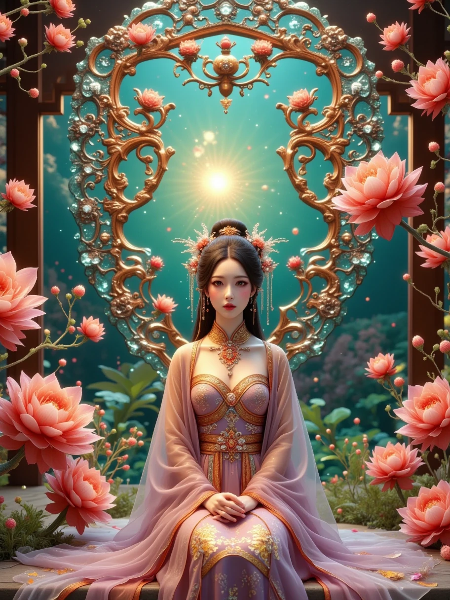  A large space, an ancient giant mirror ， with mottled borders covered with green jadeite crystals ， Interior scenes reflecting an infinite cycle in the mirror ， An interior scene with an infinite cycle in the mirror {x} A Chinese girl's eyebrows clenched in horror, the camera revealed a sense of murder，mist，photography，Realism， Unreal Engine ， ray tracing ，3D Rendering，Hanfu，Tulle fabric，Lacquerware ， Cinematic color ，Vision，Warm colors，Dramatic sensitivity ，Movie Lighting