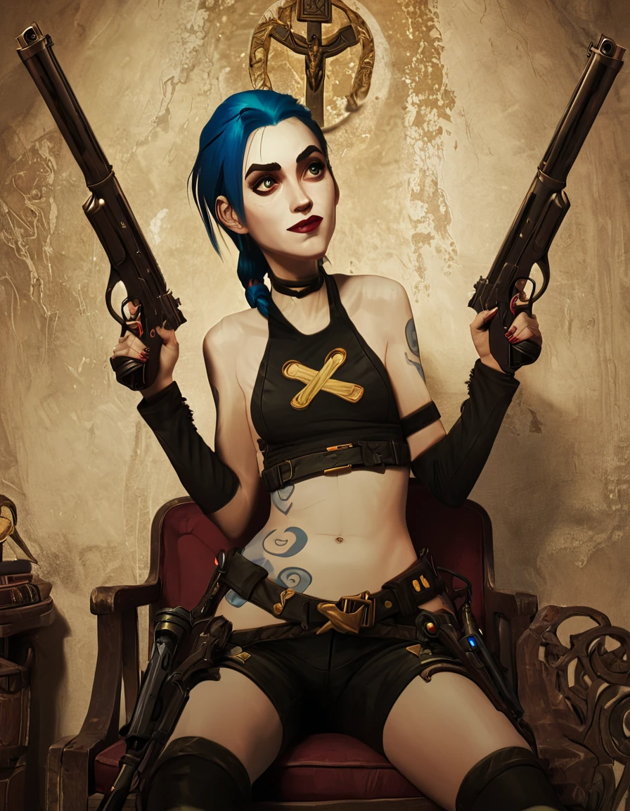 Jinx seating and talking to her guns; christian mythology posing; 