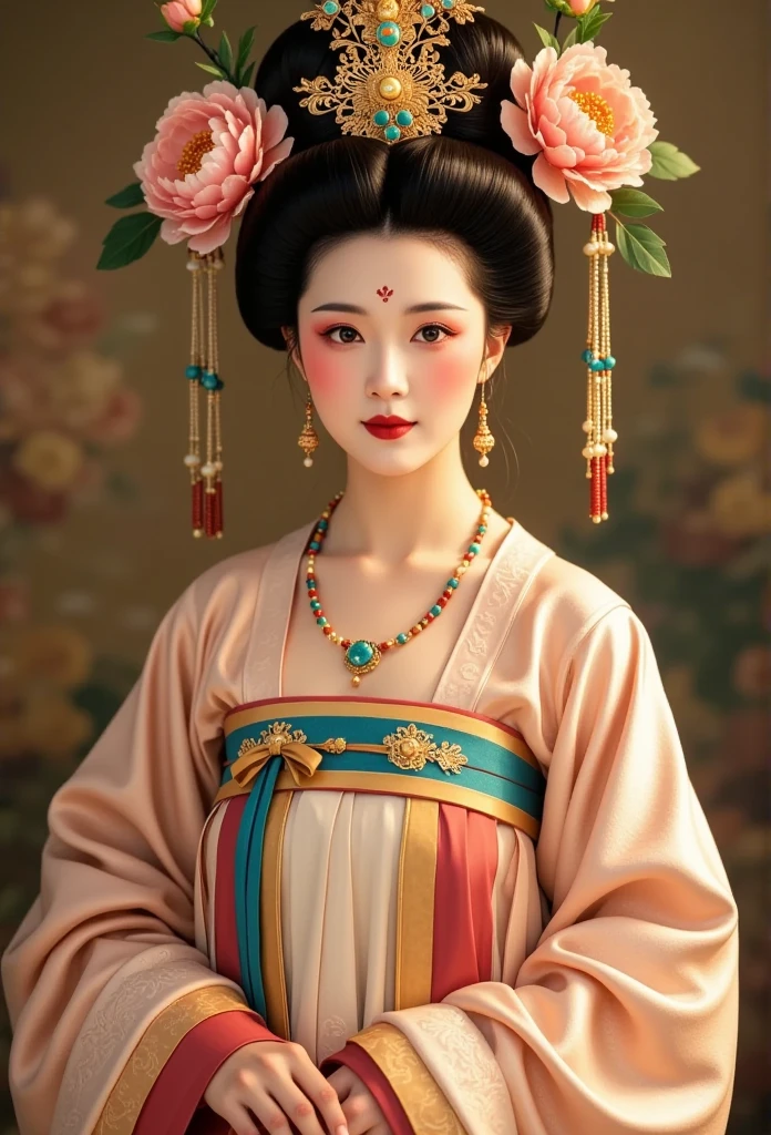  Chinese Tang Dynasty 。Beautiful woman with plump 。Hanfu。 peony flowers in her hair。