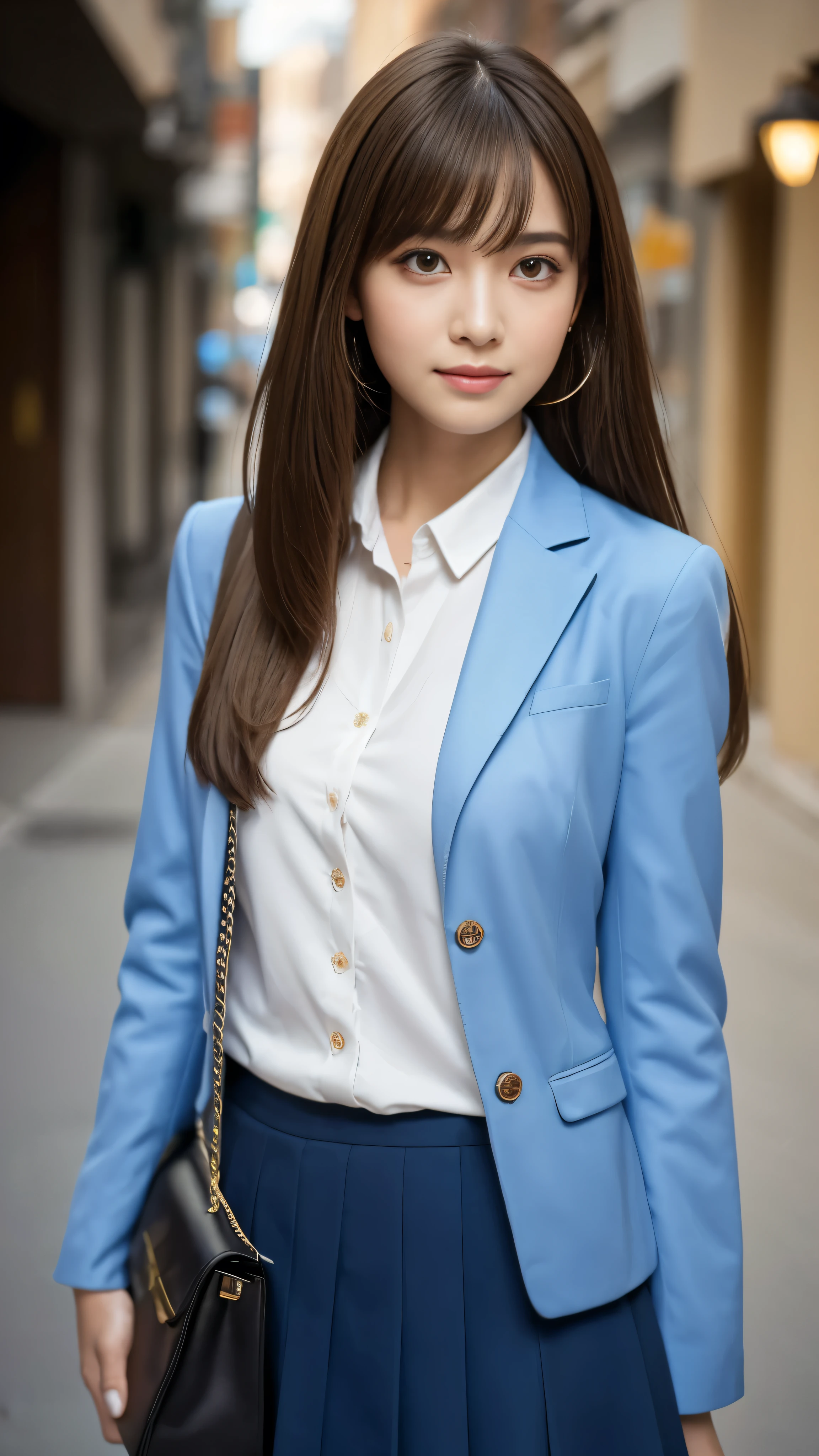 16k,  best image quality,  highest resolution,  best quality,  surrealism, masterpiece,  High Details , Textured skin - Multiple awards, RAW, f/1.2, Nikon, Fujifilm,  movie light effect, Like a scene from a movie, Standing Woman, Female university student, Beauty, 1 person,  wearing a dark blue blazer,  man wearing a shirt ,  wearing a flared skirt, Precise and beautiful double eyelids,   Seductive Smile , Small face,  attractive lips ,  light brown hair,  shiny hair, Straight Hair, Delicate hair, Cross bangs, The shoulder bag is being lowered from the left shoulder,  well-balanced proportions ,  model body type,  full body view,  Anatomically Correct Body ,  seen from the front, Look straight at the camera,