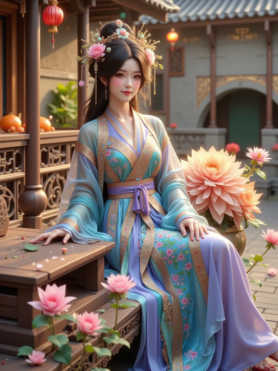 Portrait，Jingwei， The bird in ancient Chinese mythology ， is transformed into an ancient beauty ，Delicate facial features， with a smile，The head has a pattern ，White mouth，Red feet，, she wears a blue Hanfu in the color of the water system，Sleeves fluttering，, dark gray and amber ，Realistic photography style， fantasy art aesthetics ， movie lights， Chinese bizarre aesthetics ，Romantic scenery，Thin lines ， Unreal Engine rendering ， ethereal rendering ， Wonderland Background ， natural light，8k， Delicate Details ， beautiful lighting effects ， fantasy engine 