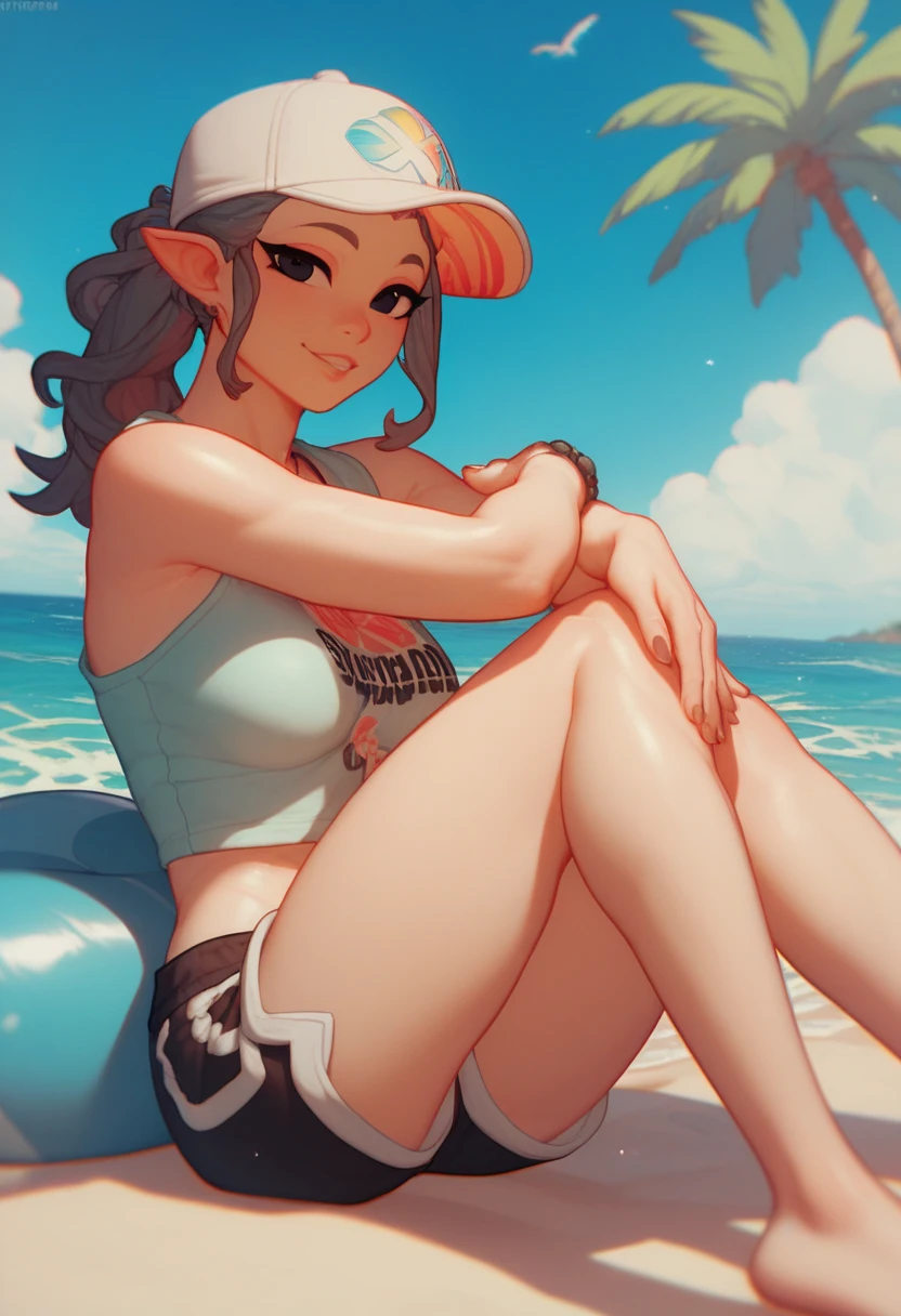 Aerith Gainsborough from final fantasy 7 rebirth, extremely detailed face, ((nude)), lying on her stomach on beach lounge chair, side perspective