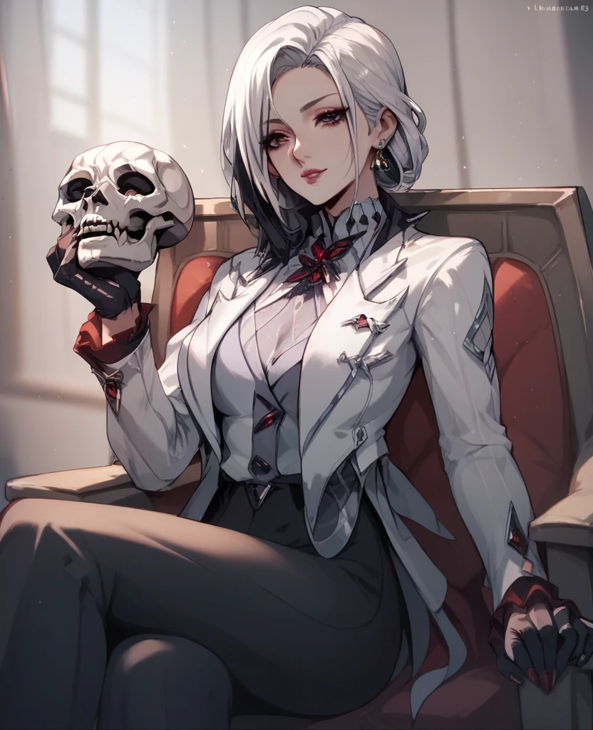 Sitting holding skull, office lady, wearing button up shirt 