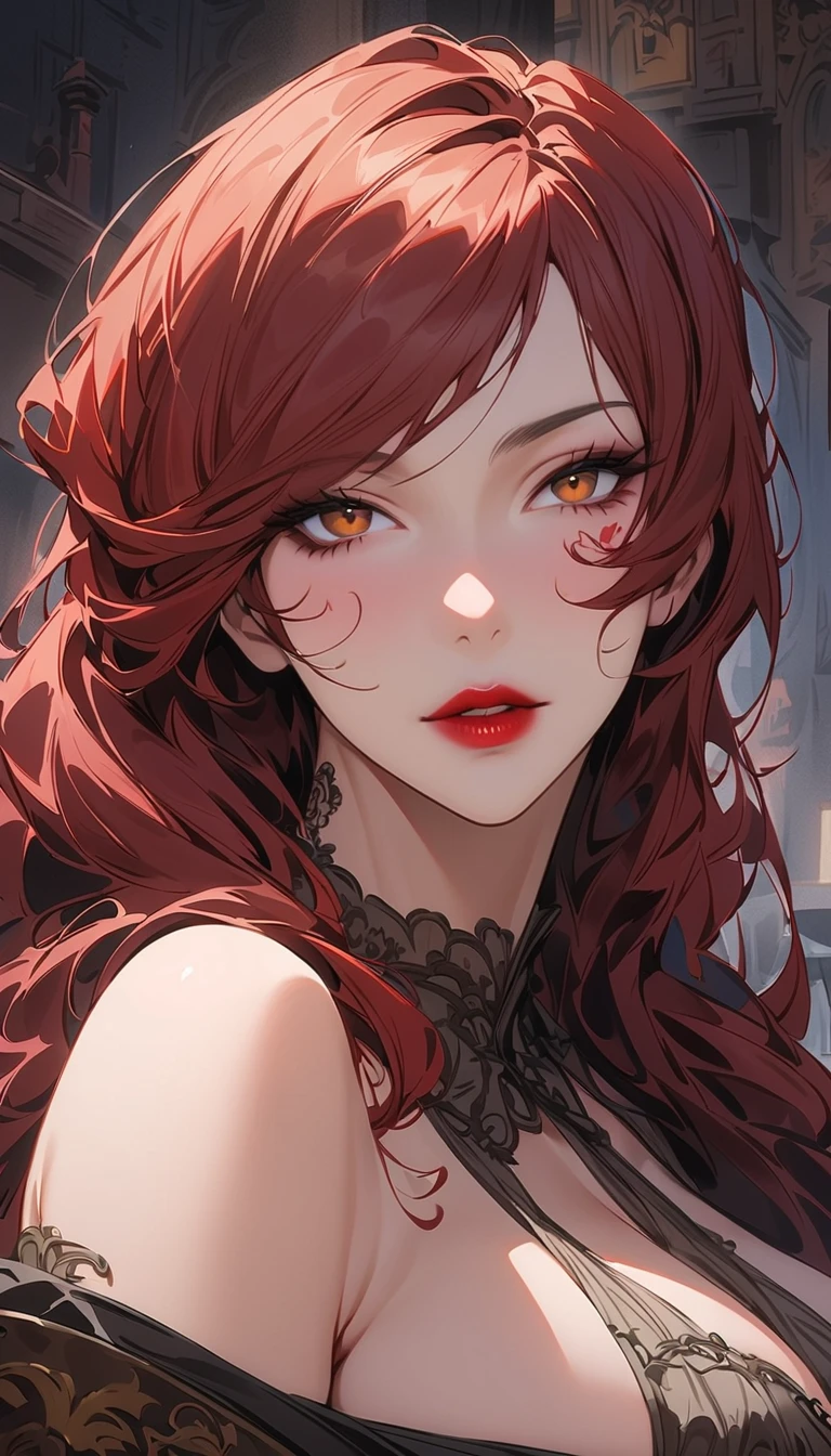 (absurdres:1.2),(masterpiece:1.6),(ultra-detailed:1.4),(High quality:1.4),(best quality:1.4),(beautiful busty breasts:1.3),(beautiful face:1.3),(beautiful woman:1.3),(bright red hair:1.4),medium hair,a mole around the mouth, (sweat:1.1),(aroused:1.2),(embarrassed:1.2),(blush:1),(close-up:1),(lace choker:1.1),(cat ear bandage:1.2),white T-shirt