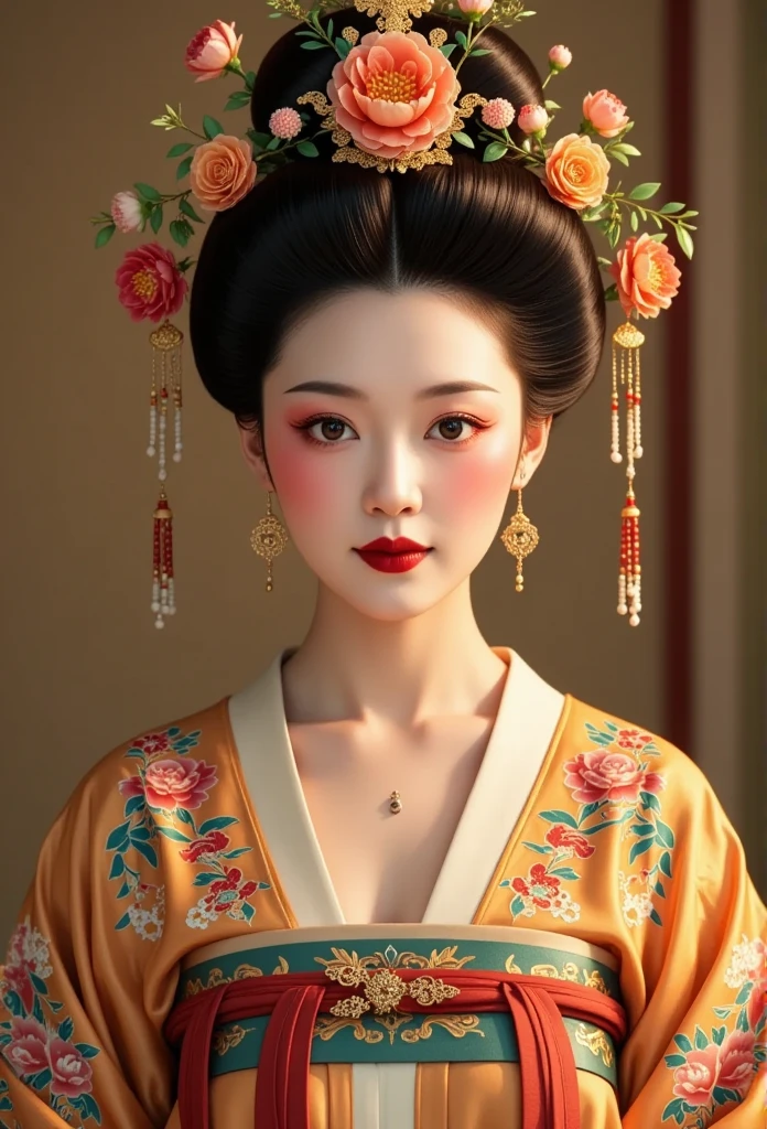  Chinese Tang Dynasty 。Beautiful woman with plump ，queen。。Hanfu。 peony flowers in her hair。