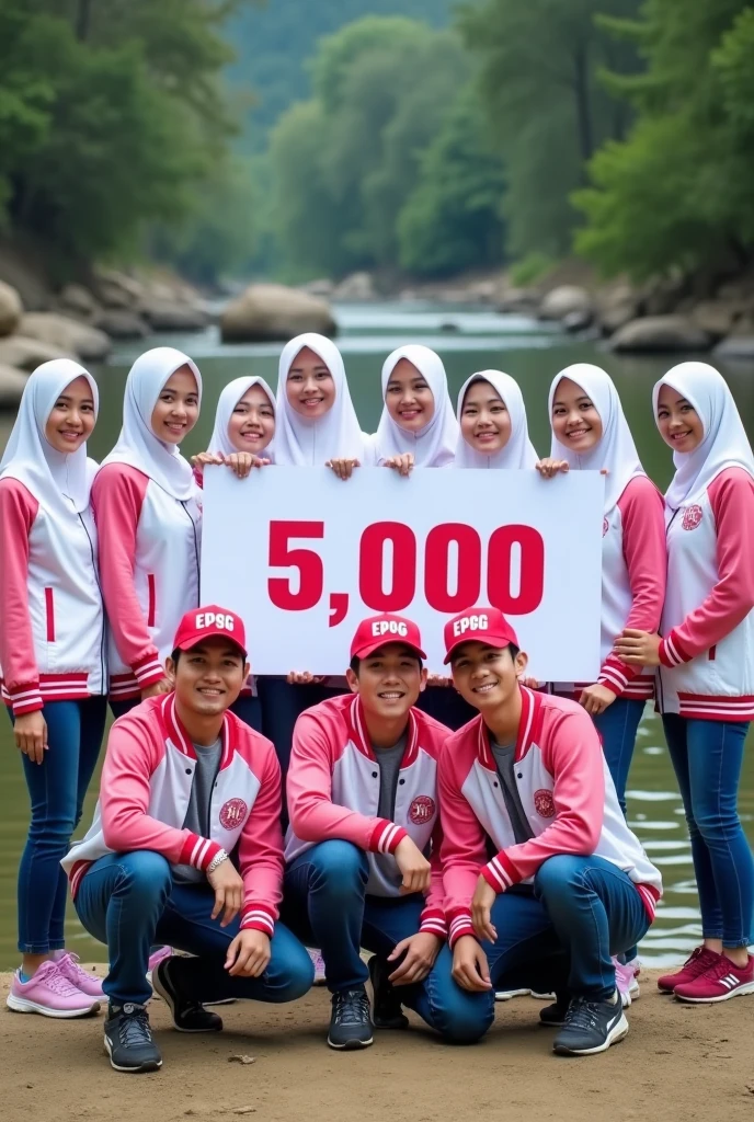 4D Realist Caricature, a 32 year old native Indonesian man with neat short hair, and a beautiful Indonesian woman wearing a hijab, wearing sportswear, in a tug of war competition, in the sky there is the writing "79th Indonesia" made of red and white smoke like the colors of the Indonesian flag, the background must be a cloudy sky